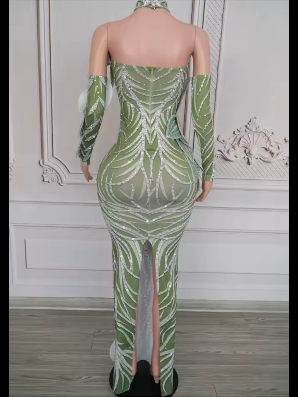 Green Embellished Leaf-Pattern Evening Dress - Picture 4 of 4